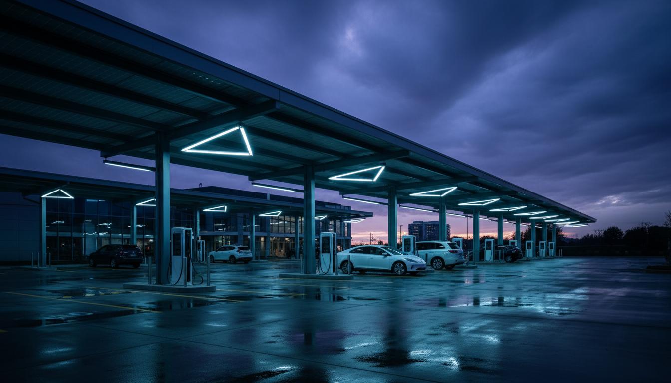 Commercial EV fleet charging depot with multiple vehicles charging under a canopy at dusk