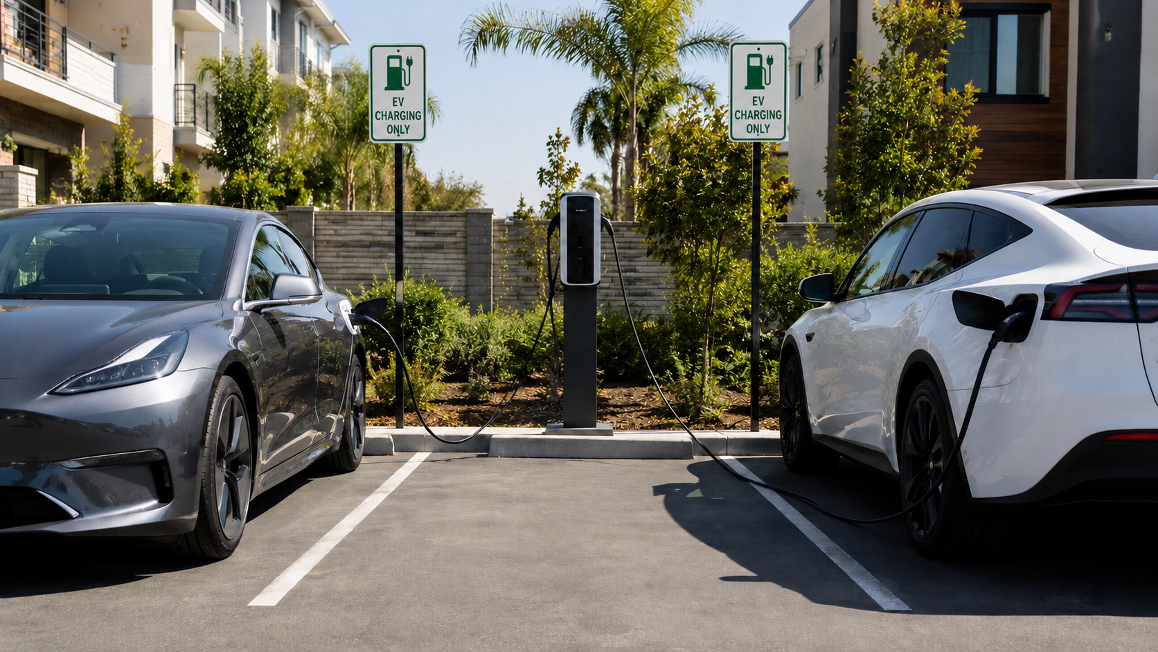 Reserved EV charging stalls with signage at a shared guest parking area in a residential community