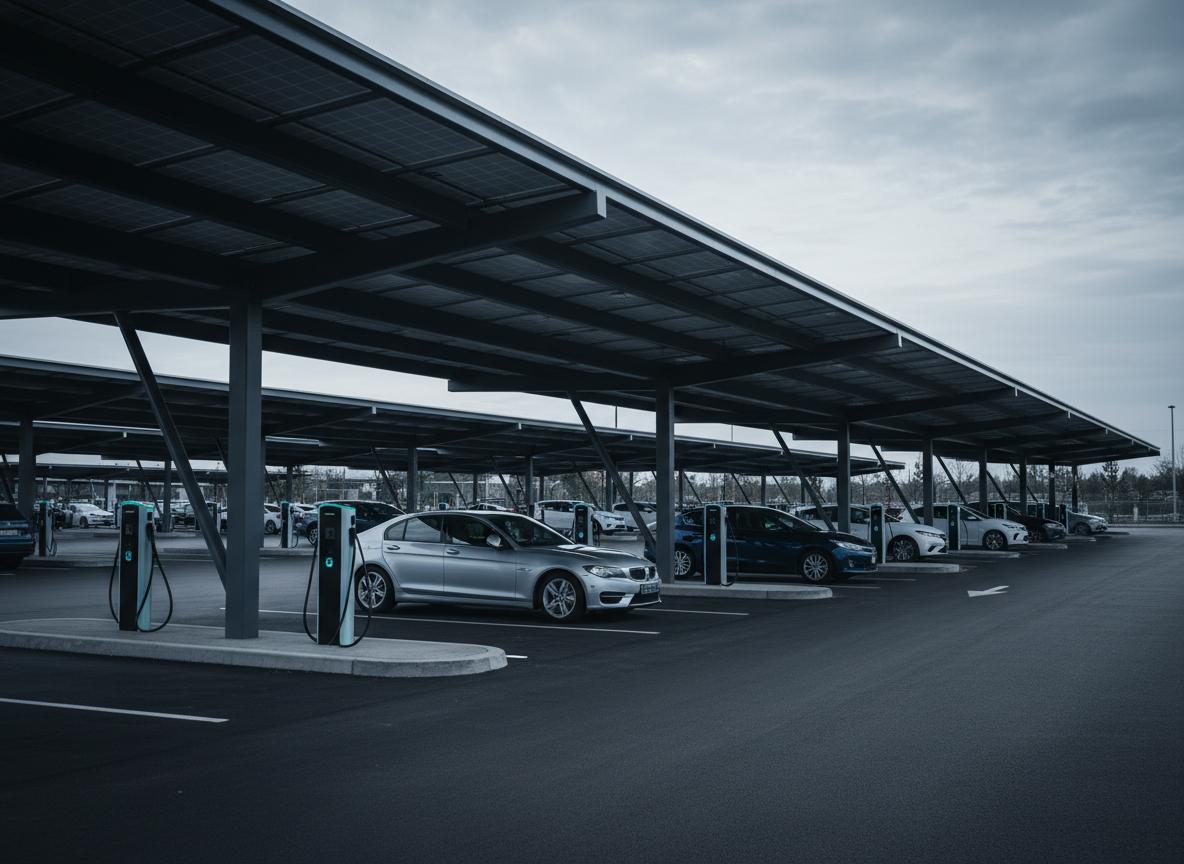 Solar carport with EV charging stalls in use at a Total InCharge commercial property installation