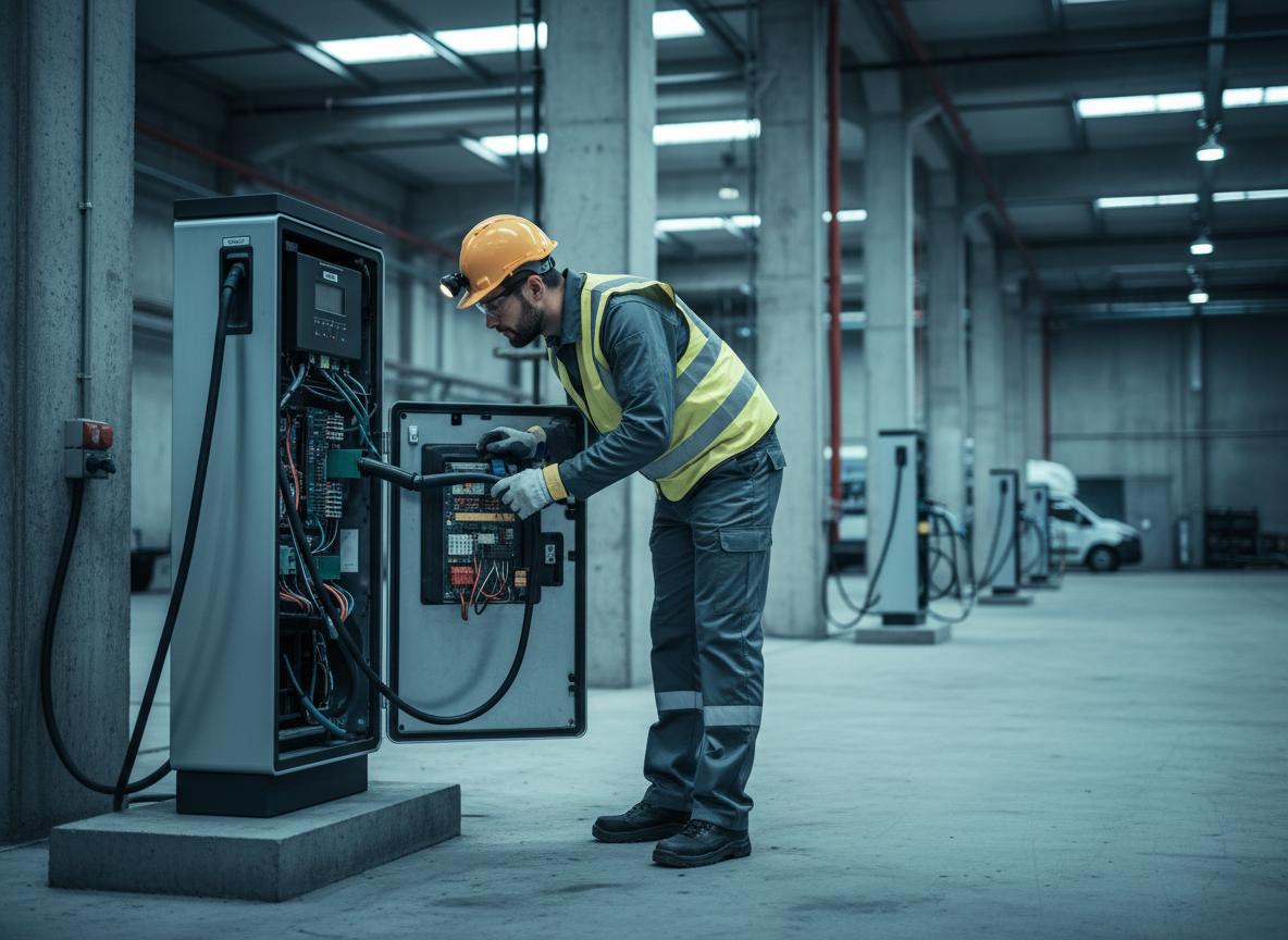Total InCharge technician installing and wiring a commercial EV charging station power cabinet